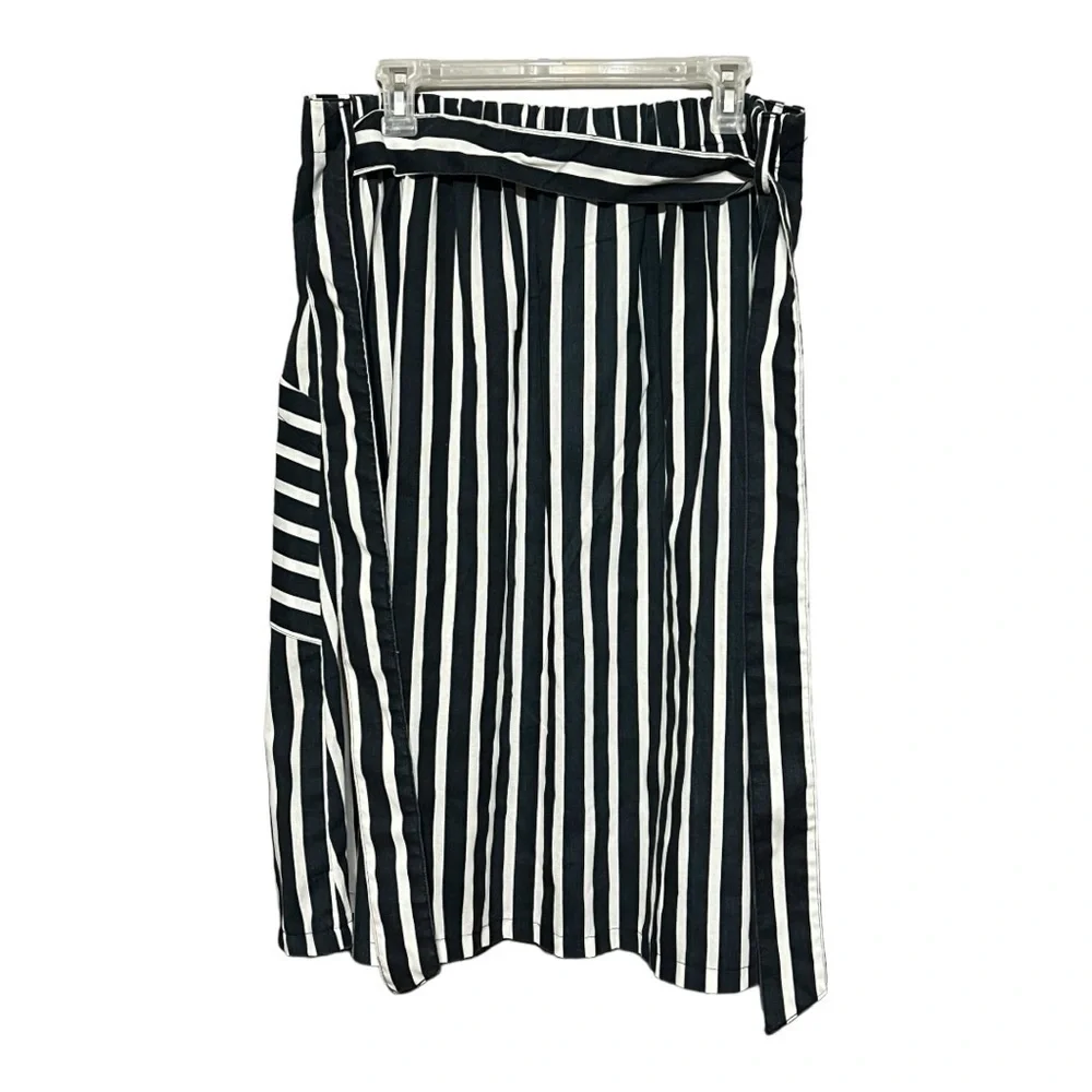 MetroWear Navy White Striped Linen Rayon Button Front Belted Midi Skirt XL